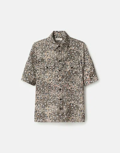 Lafayette 148 Leopard Print Satin Patch Pocket Short Sleeve Blouse In Brown