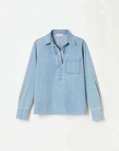 Lafayette 148 Lightweight Denim Patch Pocket Popover Shirt In Stonewash Blue