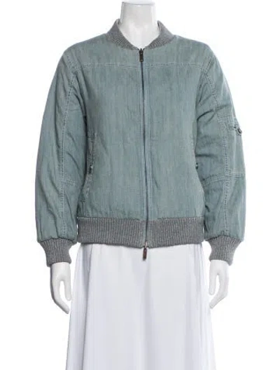 Pre-owned Lafayette 148 Linen Bomber Jacket In Blue