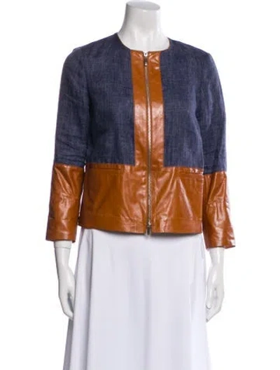 Pre-owned Lafayette 148 Linen Colorblock Pattern Biker Jacket In Blue