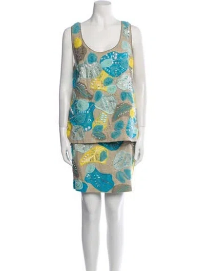 Pre-owned Lafayette 148 Linen Printed Skirt Set In Neutral
