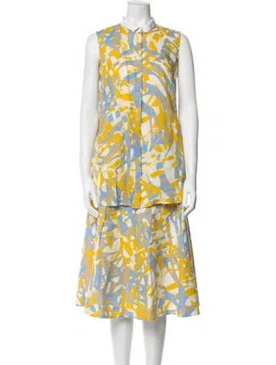 Pre-owned Lafayette 148 Linen Printed Skirt Set In Yellow