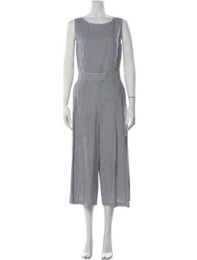 Pre-owned Lafayette 148 Linen Striped Jumpsuit In Blue