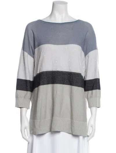 Pre-owned Lafayette 148 Linen Striped Sweater In Blue/grey/white