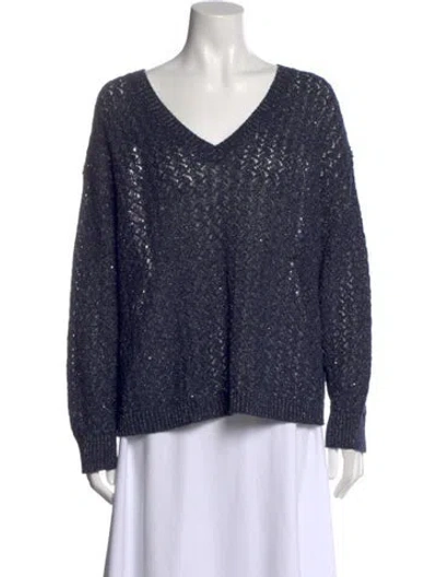 Pre-owned Lafayette 148 Linen V-neck Sweater In Blue