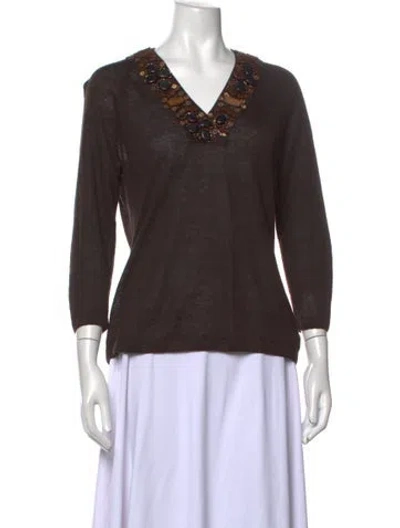 Pre-owned Lafayette 148 Linen V-neck Sweater In Brown