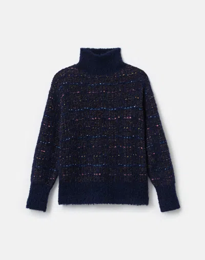 Lafayette 148 Lofty Alpaca-linen Bouclé Turtleneck Sweater In Blue