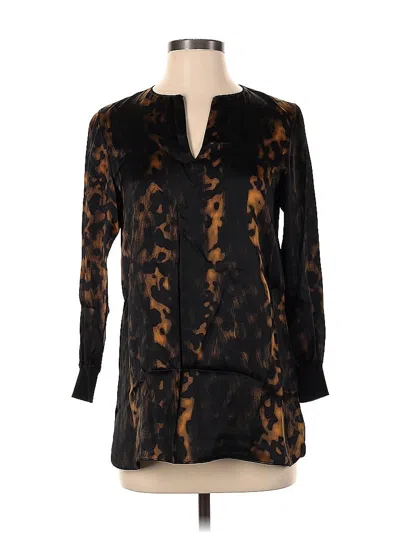 Pre-owned Lafayette 148 Long Sleeve Silk Top Black Animal Print Pattern Plunge Neckline Tops