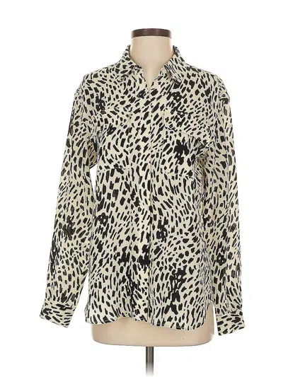 Pre-owned Lafayette 148 Long Sleeve Silk Top Ivory Animal Print Pattern High Neck Tops In White