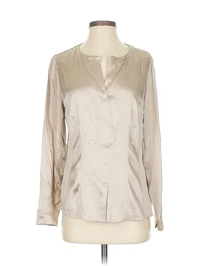 Pre-owned Lafayette 148 Long Sleeve Silk Top Ivory Metallic Pattern Open Neckline Tops In White