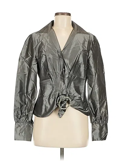 Pre-owned Lafayette 148 Long Sleeve Silk Top Silver Metallic Pattern Plunge Neckline Tops