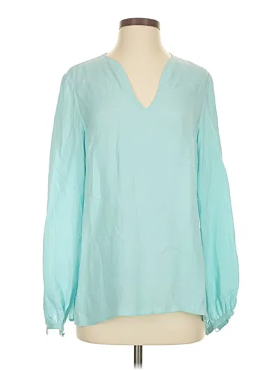 Pre-owned Lafayette 148 Long Sleeve Silk Top Teal V Neck Tops In Blue