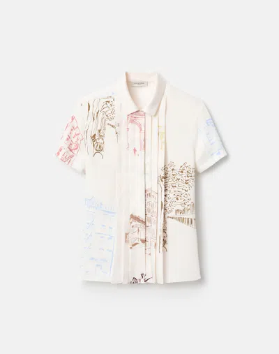 Lafayette 148 Manhattan Print Twill Pleated Blouse In White