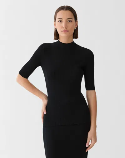 Lafayette 148 Matte Crepe Ribbed Mockneck Short Sleeve Sweater In Black