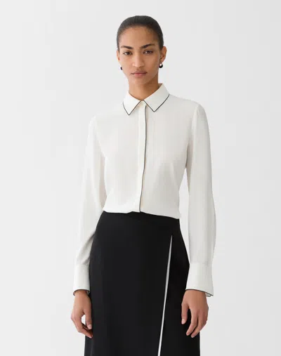 Lafayette 148 Matte Silk Piped Button Front Blouse In Cloud