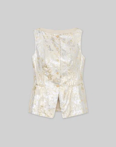 Lafayette 148 Metallic Baroque Botanical Jacquard Cutaway Waistcoat In Pearl Metallic