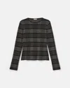 Lafayette 148 Metallic Check Stripe Crewneck Sweater In Black