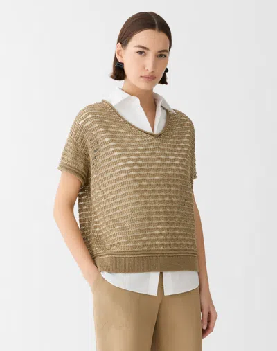 Lafayette 148 Metallic Cotton Wool Open Knit Short Sleeve Sweater In Brown