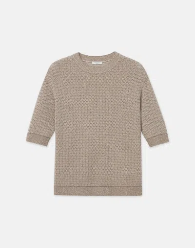 Lafayette 148 Metallic Flecked Lace Stitch Crewneck Sweater In Smoked Taupe Metallic