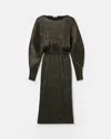 Lafayette 148 Metallic Plisse Long Sleeve Blouson Midi Dress