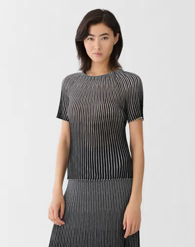 Lafayette 148 Metallic Stripe Pointelle Short Sleeve Sweater In Black Metallic