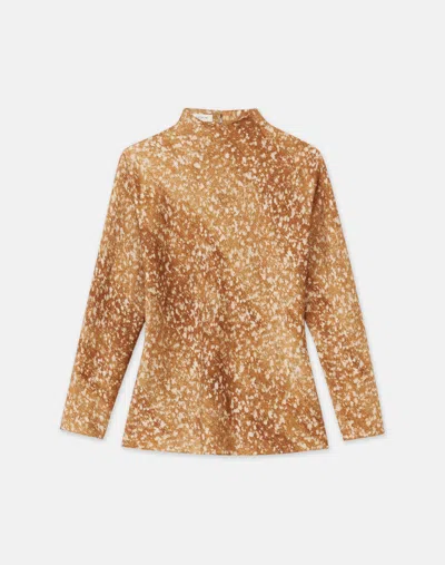Lafayette 148 Mini Floating Leaves Print Textured Silk Satin Blouse In Camel Multi