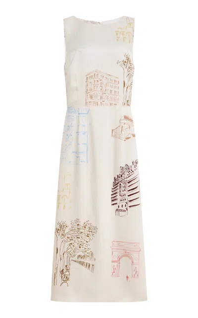 Lafayette 148 Sleeveless Manhattan-print Midi Shift Dress In White