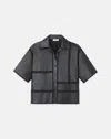 LAFAYETTE 148 NAPPA LAMBSKIN LEATHER BLOCK PANEL SHIRT