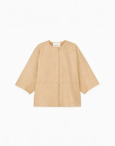 Lafayette 148 Nappa Lambskin Leather Perforated Collarless Jacket In Gravel