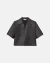 Lafayette 148 Nappa Lambskin Leather Split Collar Popover Shirt In Black