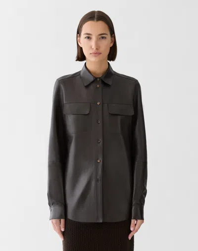 Lafayette 148 Nappa Leather Button Front Shirt In Truffle