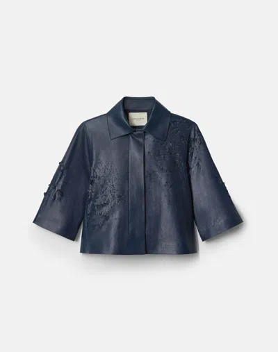 Lafayette 148 Nappa Leather Eyelet A Line Cropped  Short Jacket In Lido Blue