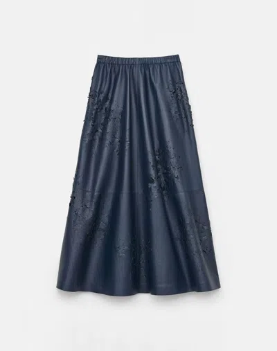 Lafayette 148 Nappa Leather Eyelet Flared Midi Skirt In Lido Blue