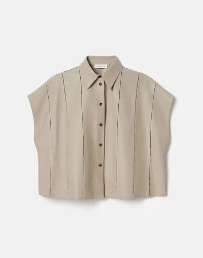 Lafayette 148 Nappa Leather Ladder Stitch Oversized Cropped Shirt In Smoked Taupe