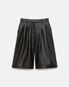 Lafayette 148 Nappa Leather Pleated Wide Leg Long Short In Black