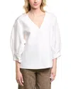Lafayette 148 New York Balloon Sleeve V-neck Silk & Linen-blend Blouse In White