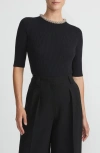 Lafayette 148 Merino Wool-silk Metallic Baroque Collar Sweater In Black
