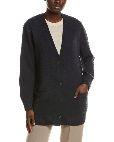 Lafayette 148 New York Basket Stitch Button Front 100% Cashmere Cardigan In Blue