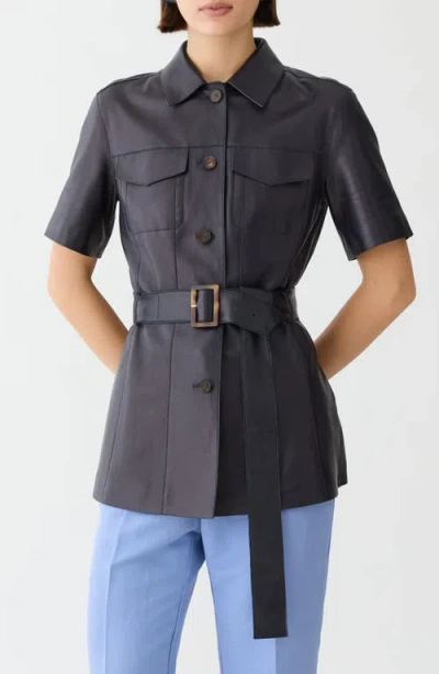 Lafayette 148 New York Belted Short Sleeve Lambskin Leather Jacket In Black
