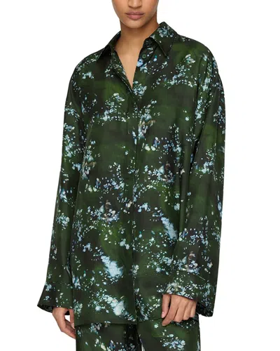 Lafayette 148 New York Boyfriend Oversized Silk Shirt In Green