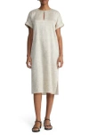 Lafayette 148 Crinkled Burlap-print Silk Midi Shift Dress In Cadet Khaki Multi