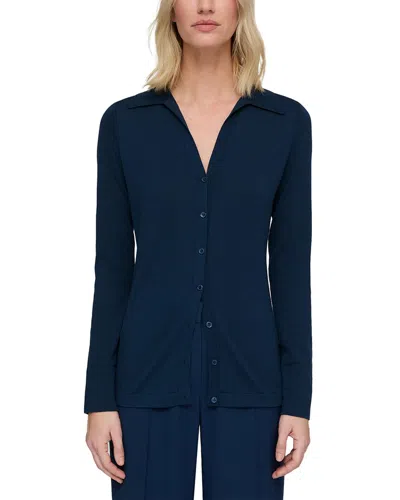 Lafayette 148 New York Button Front Silk-blend Polo Cardigan In Blue