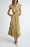 Lafayette 148 New York Cap Sleeve Cotton Poplin Belted Shirtdress In Loden Green