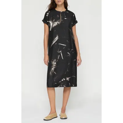 Lafayette 148 New York Charcoal Print Short Sleeve Silk Twill Dress In Black Multi