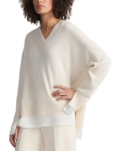 Lafayette 148 New York Charmeuse Trimmed V-neck Cashmere Sweater In White
