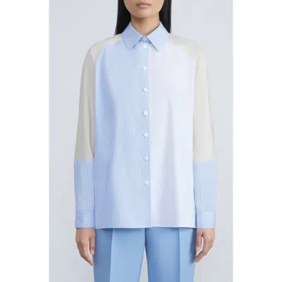 Lafayette 148 New York Colorblock Oversize Shirt In Cool Blue Multi/white/buff