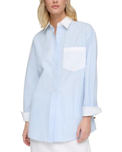 Lafayette 148 New York Contrast Collar Boyfriend Overshirt In Blue