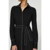 Lafayette 148 New York Contrast Piping Long Sleeve Finesse Crepe Belted Shirtdress In Black