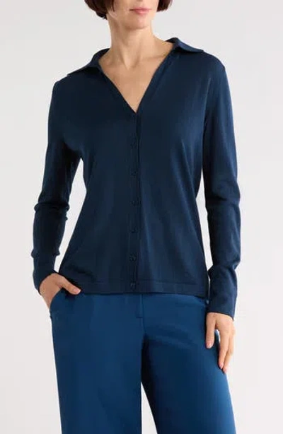 Lafayette 148 New York Cotton & Silk Slim Polo Cardigan In Blue