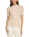 Lafayette 148 Gingham Responsible Matte Crepe Short Sleeve Sweater In Beige